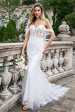 Sparkly White Off the Shoulder Corset Mermaid Tulle Wedding Dress with Sequins