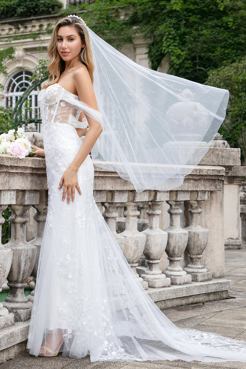 Load image into Gallery viewer, Sparkly White Off the Shoulder Corset Mermaid Tulle Wedding Dress with Sequins