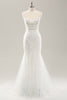 Load image into Gallery viewer, White Mermaid Spaghetti Straps Applique Lace Corset Long Wedding Dress with Lace-up Back