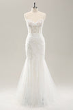 White Mermaid Corset Tulle Wedding Dress with Applique Lace
