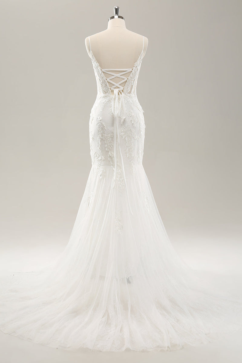 Load image into Gallery viewer, White Mermaid Spaghetti Straps Applique Lace Corset Long Wedding Dress with Lace-up Back