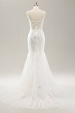 White Mermaid Corset Tulle Wedding Dress with Applique Lace