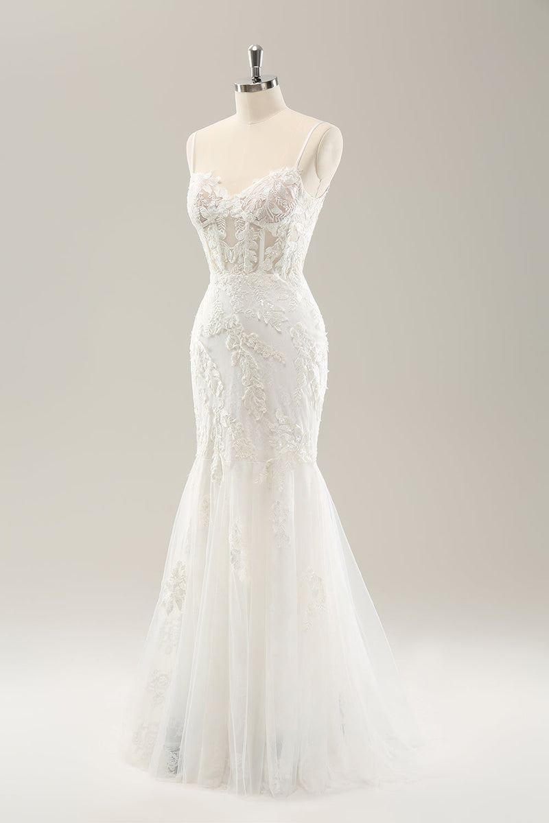 Load image into Gallery viewer, White Mermaid Spaghetti Straps Applique Lace Corset Long Wedding Dress with Lace-up Back