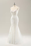 White Mermaid Spaghetti Straps Applique Lace Corset Wedding Dress with Lace-up Back