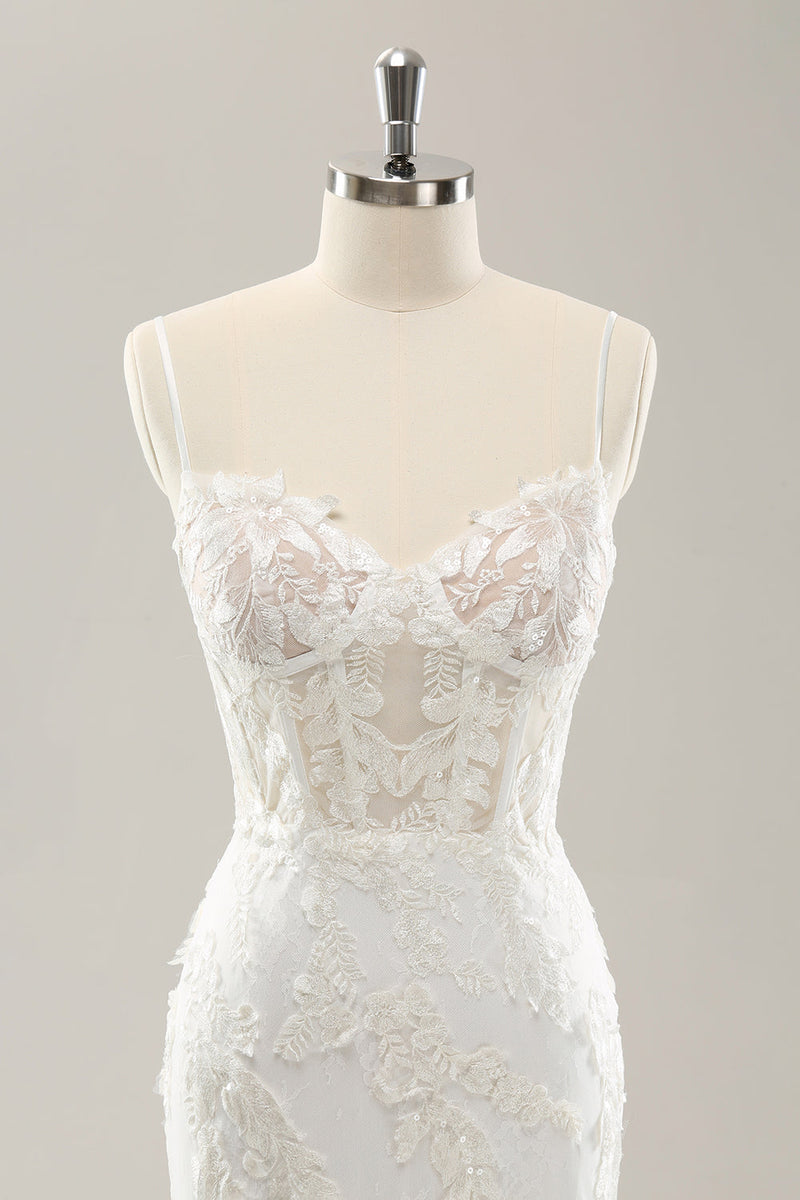 Load image into Gallery viewer, White Mermaid Spaghetti Straps Applique Lace Corset Long Wedding Dress with Lace-up Back