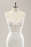 White Mermaid Spaghetti Straps Applique Lace Corset Long Wedding Dress with Lace-up Back