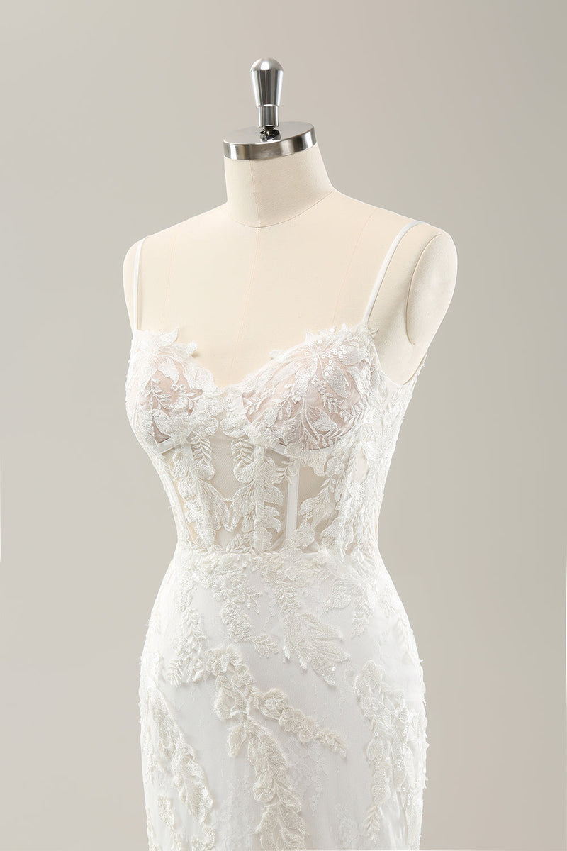 Load image into Gallery viewer, White Mermaid Spaghetti Straps Applique Lace Corset Long Wedding Dress with Lace-up Back