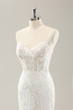 White Mermaid Spaghetti Straps Applique Lace Corset Long Wedding Dress with Lace-up Back