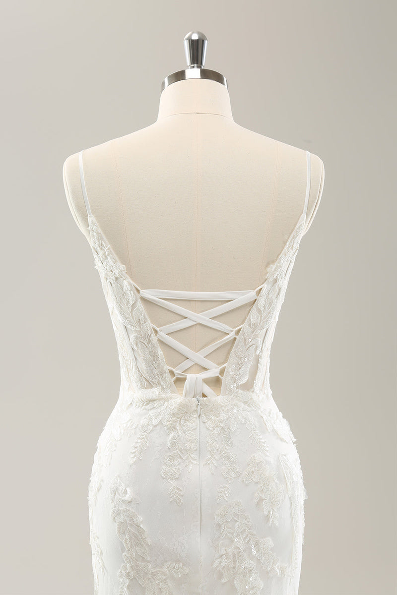 Load image into Gallery viewer, White Mermaid Spaghetti Straps Applique Lace Corset Long Wedding Dress with Lace-up Back