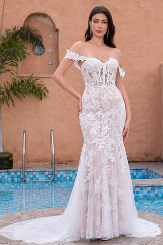 White Mermaid Off the Shoulder Sweep Train Bridal Dress with Applique Lace