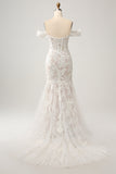 White Mermaid Off the Shoulder Sweep Train Wedding Dress with Applique Lace