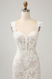 White Mermaid Off the Shoulder Sweep Train Wedding Dress with Applique Lace