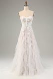 White A Line Sweetheart Sweep Train Corset Wedding Dress with Applique Lace