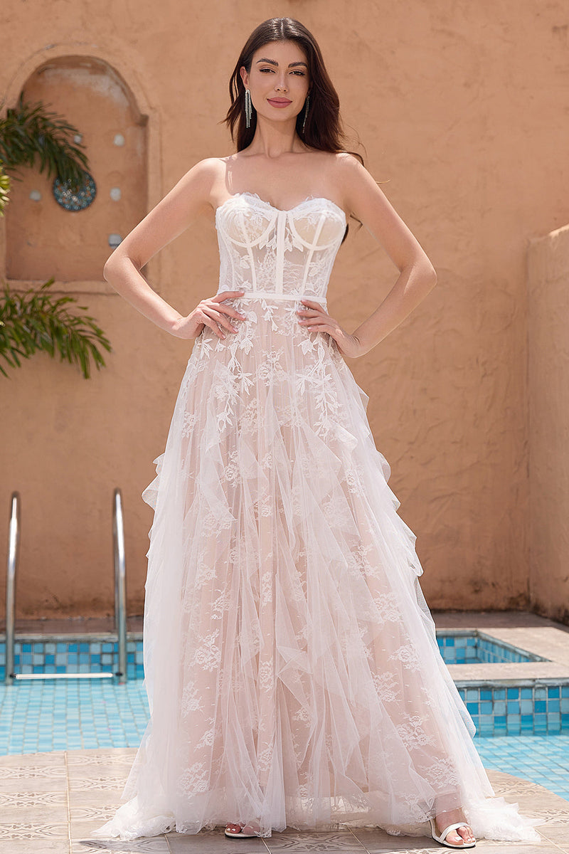 Load image into Gallery viewer, White A Line Sweetheart Sweep Train Corset Ruffle Wedding Dress with Applique Lace