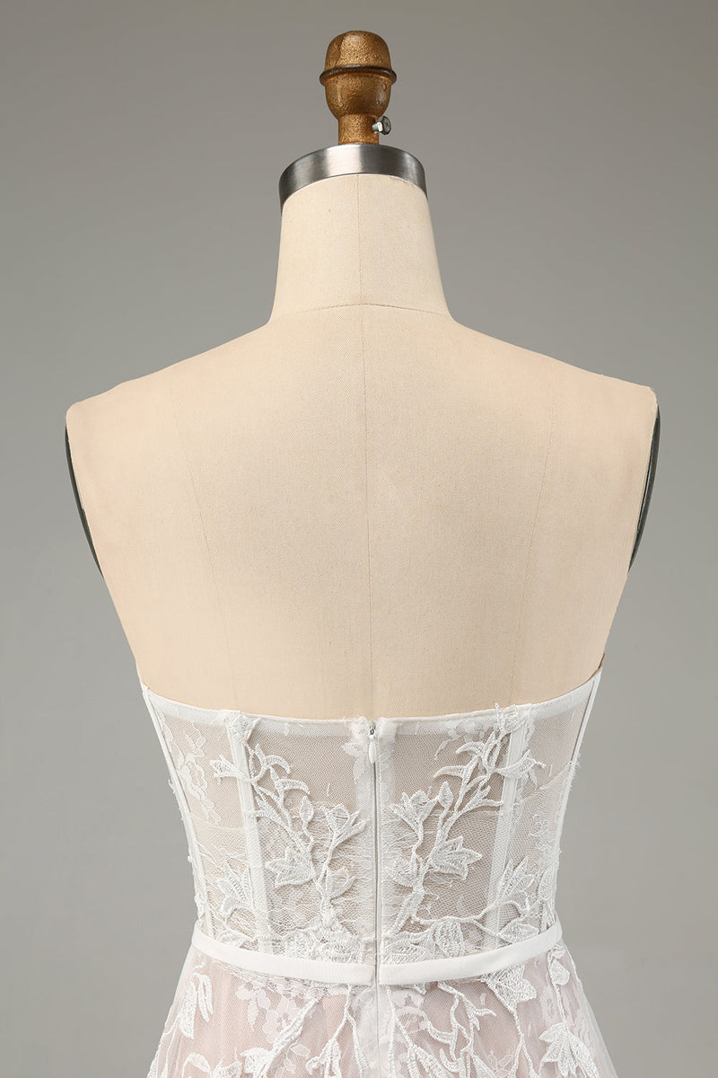 Load image into Gallery viewer, White A Line Sweetheart Sweep Train Corset Wedding Dress with Applique Lace