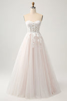Load image into Gallery viewer, Sparkly White A Line Sweetheart Long Wedding Dress with Applique Lace