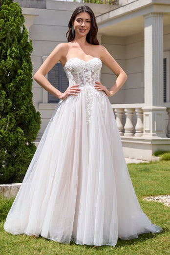 Sparkly White A Line Sweetheart Long Wedding Dress with Applique Lace