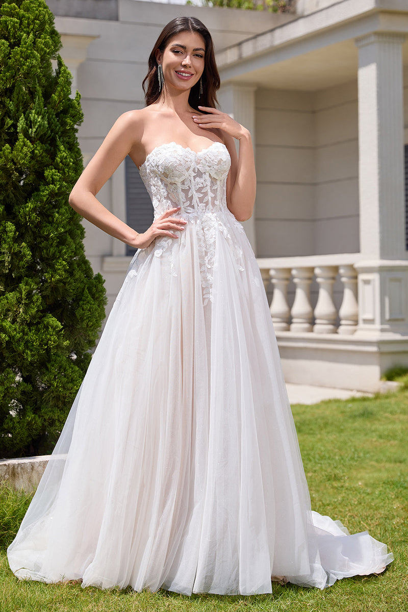 Load image into Gallery viewer, Sparkly White A Line Sweetheart Long Wedding Dress with Applique Lace