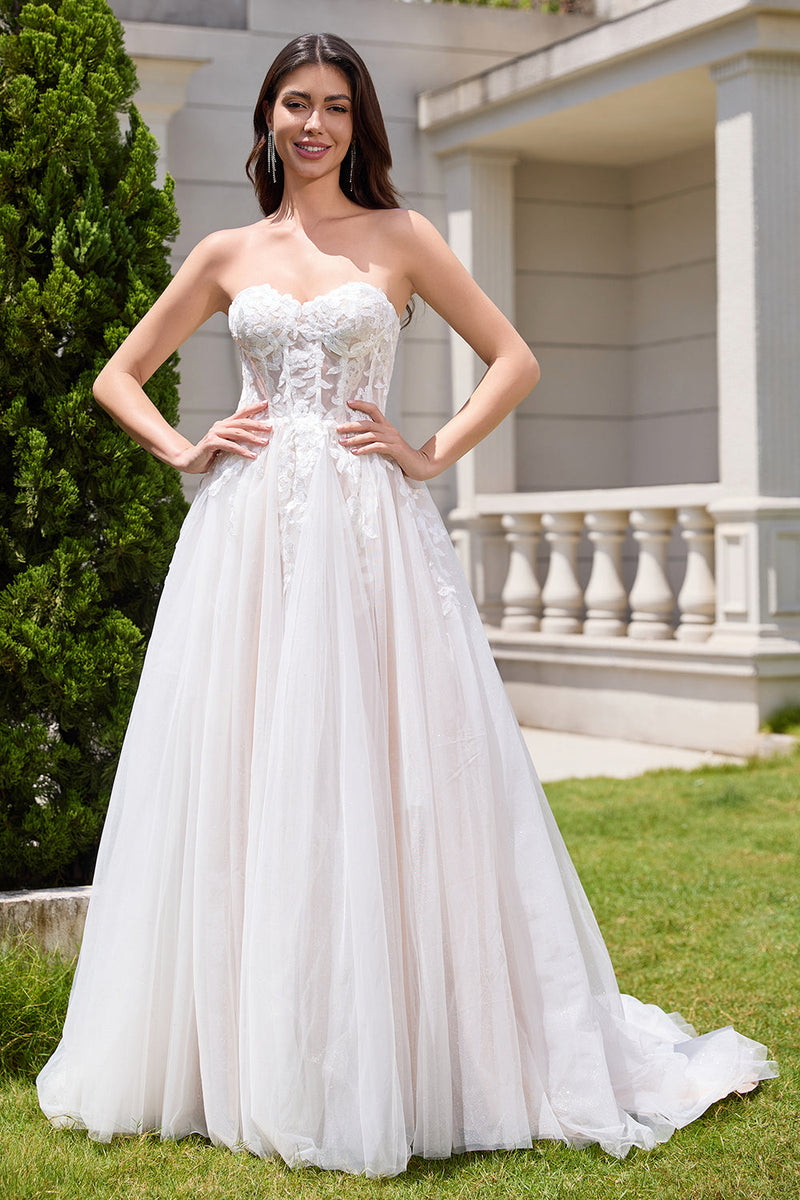 Load image into Gallery viewer, Sparkly White A Line Sweetheart Long Wedding Dress with Applique Lace