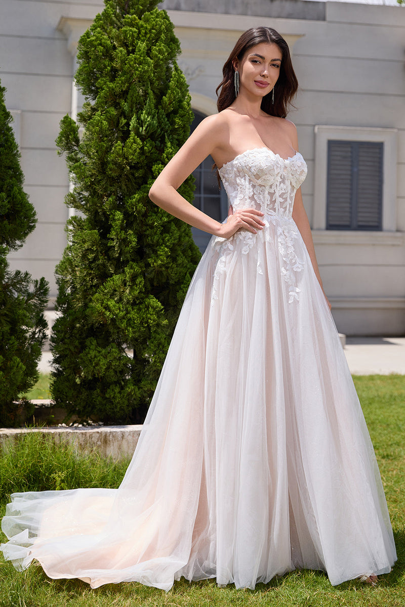 Load image into Gallery viewer, Sparkly White A Line Sweetheart Long Wedding Dress with Applique Lace