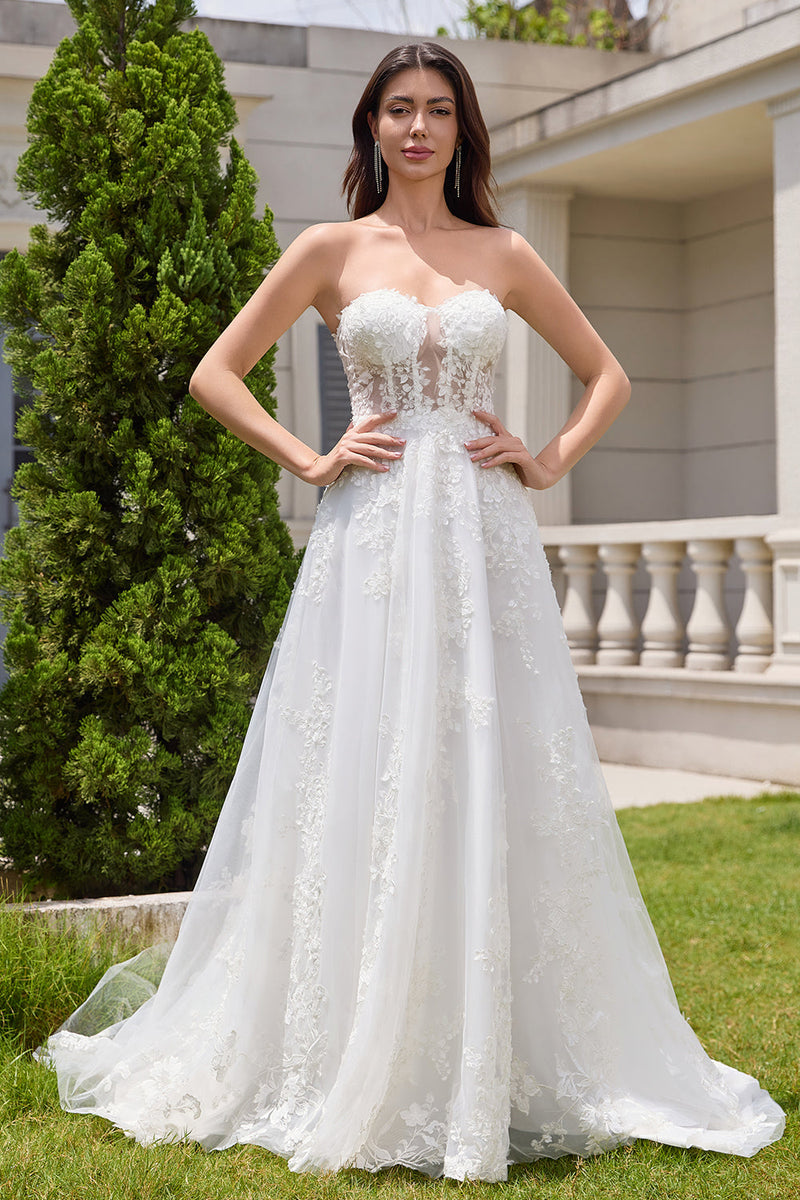 Load image into Gallery viewer, Princess White A-Line Lace Up Tulle Corset Bridal Dress with Appliques Lace