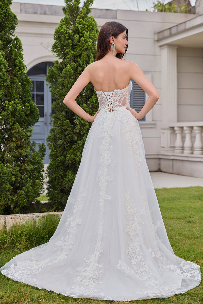 Load image into Gallery viewer, Princess White A-Line Lace Up Tulle Corset Bridal Dress with Appliques Lace