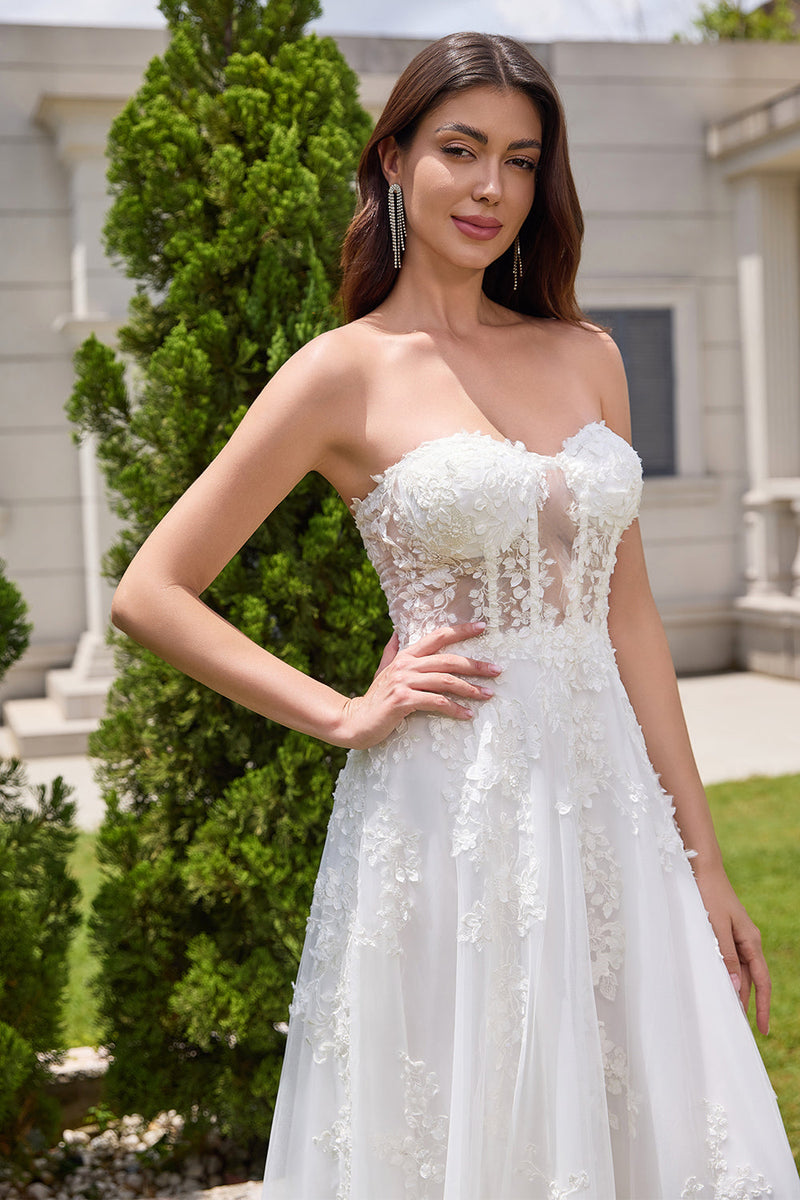 Load image into Gallery viewer, Princess White A-Line Lace Up Tulle Corset Bridal Dress with Appliques Lace