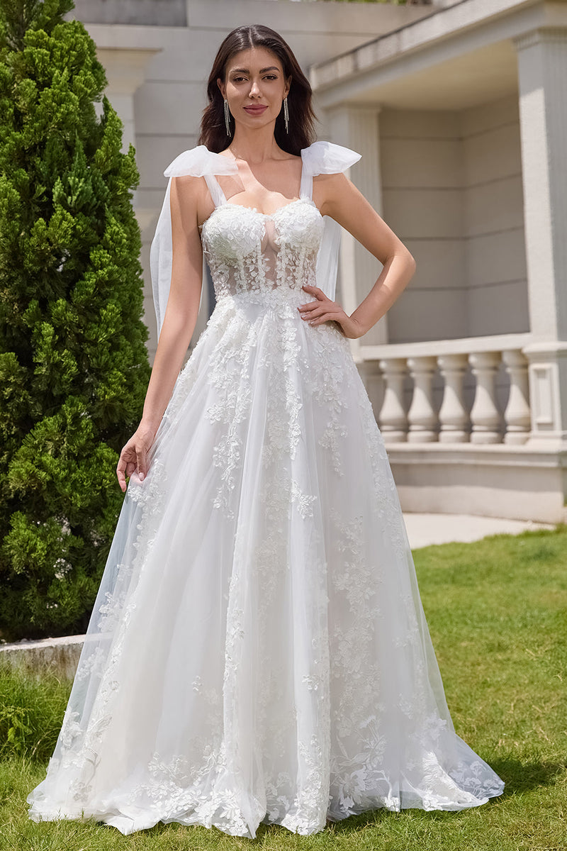 Load image into Gallery viewer, Princess White A-Line Lace Up Tulle Corset Bridal Dress with Appliques Lace