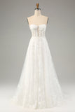 Princess White A-Line Lace Up Tulle Corset Wedding Dress with Appliques Lace