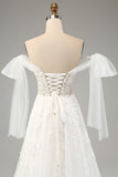 Princess White A-Line Lace Up Tulle Corset Wedding Dress with Appliques Lace