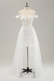 White Off the Shoulder Cut Out Wedding Dress with Detachable Tulle