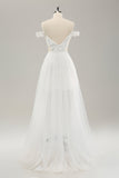 White Off the Shoulder Cut Out Wedding Dress with Detachable Tulle