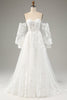 Load image into Gallery viewer, White A Line Tulle Long Sleeves Wedding Dress with Appliques Lace