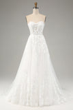 White A Line Tulle Long Sleeves Wedding Dress with Appliques Lace