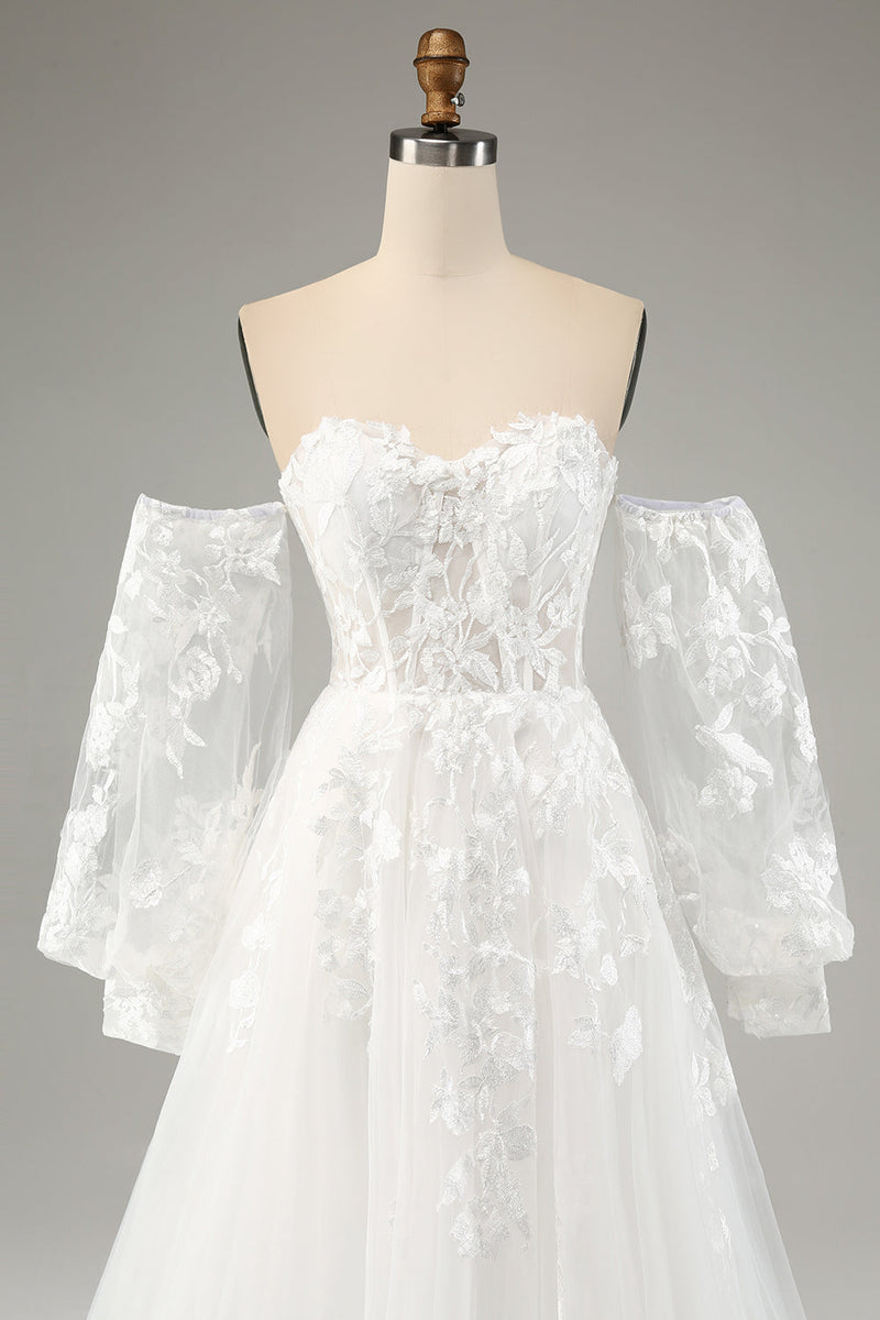 Load image into Gallery viewer, White A Line Tulle Long Sleeves Wedding Dress with Appliques Lace