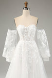 White A Line Tulle Long Sleeves Wedding Dress with Appliques Lace