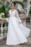 White A Line V Neck Long Sleeves Beach Boho Wedding Dress with Appliqued Lace