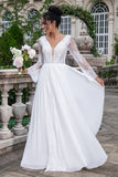 White A Line V Neck Long Sleeves Beach Boho Wedding Dress with Appliqued Lace