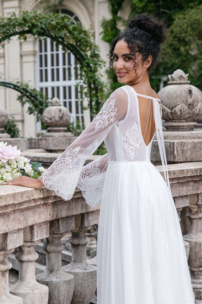 Load image into Gallery viewer, White A Line V Neck Long Sleeves Beach Boho Wedding Dress with Appliqued Lace