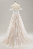 Princess White Off the Shoulder Applique Tulle Wedding Dress with Slit