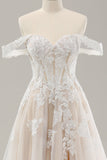 Princess White Off the Shoulder Applique Tulle Wedding Dress with Slit