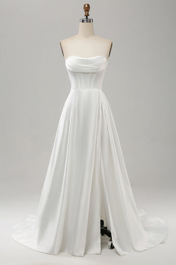 Elegant A Line Strapless Pleated Sweep Train White Wedding Dress With Slit