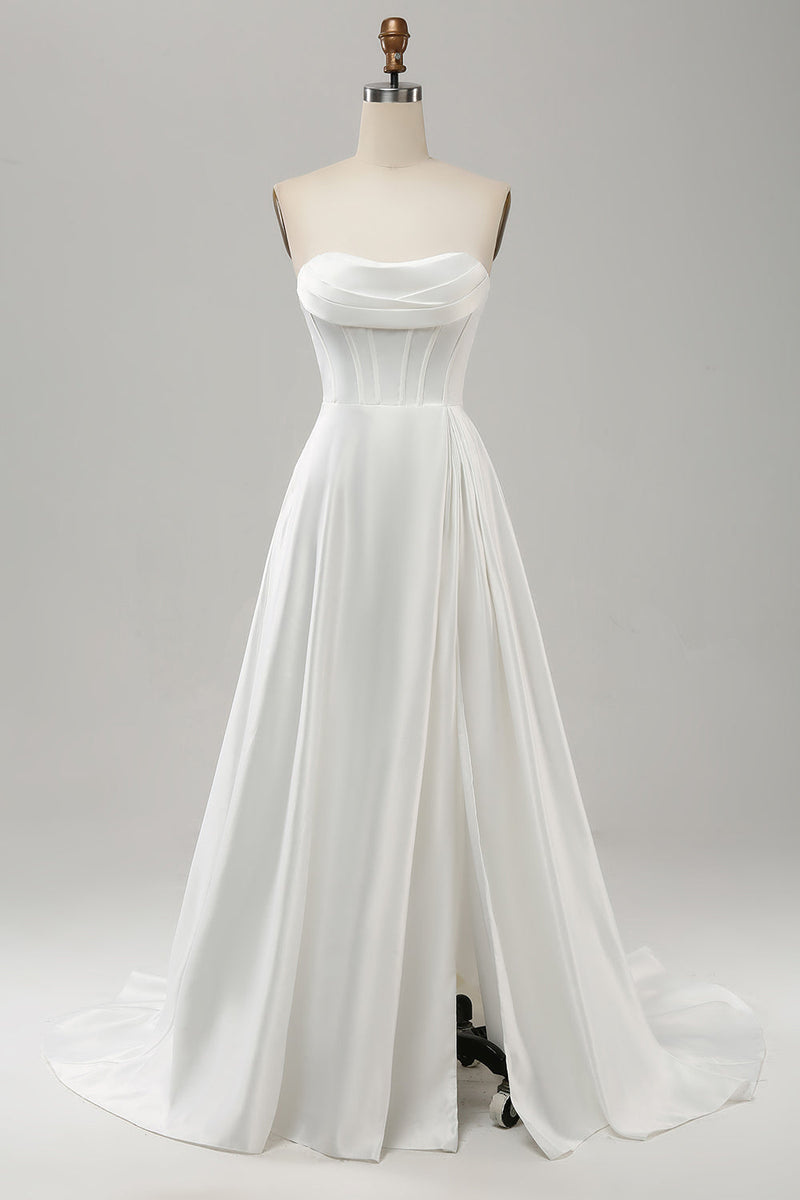 Load image into Gallery viewer, Elegant A Line Strapless Pleated Sweep Train White Wedding Dress With Slit