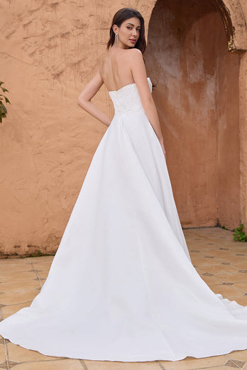 Elegant A Line Strapless Pleated Sweep Train White Wedding Dress With Slit