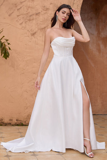 Elegant A Line Strapless Pleated Sweep Train White Wedding Dress With Slit