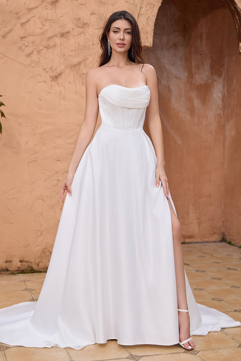 Load image into Gallery viewer, Elegant A Line Strapless Pleated Sweep Train White Wedding Dress With Slit