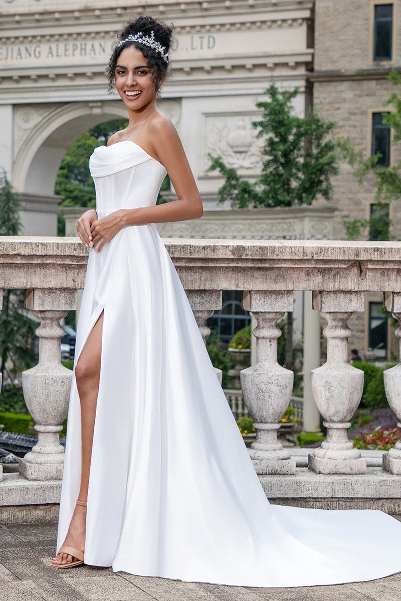 Load image into Gallery viewer, Elegant White A Line Strapless Pleated Sweep Train Corset Wedding Dress With Slit