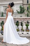 Elegant White A Line Strapless Pleated Sweep Train Corset Wedding Dress With Slit