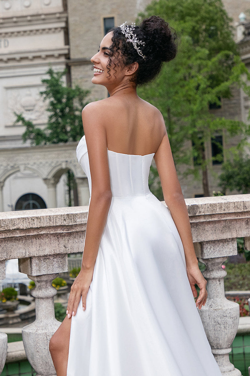 Load image into Gallery viewer, Elegant White A Line Strapless Pleated Sweep Train Corset Wedding Dress With Slit