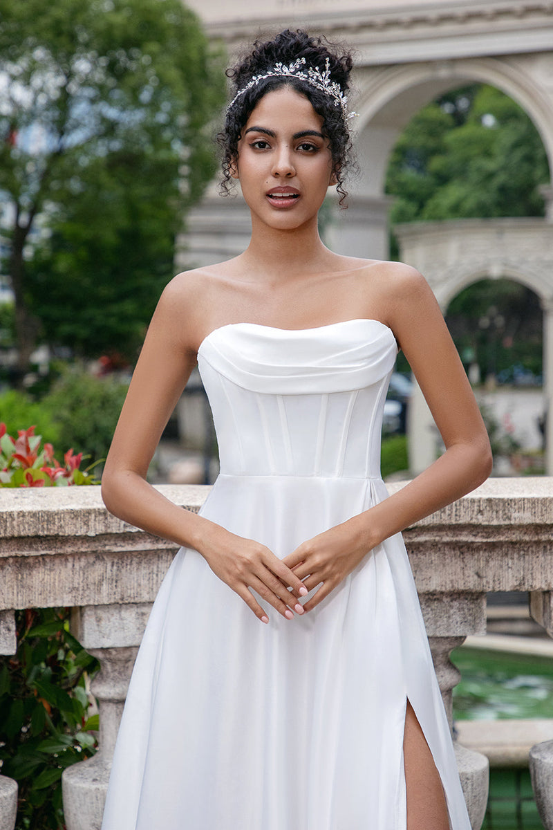 Load image into Gallery viewer, Elegant White A Line Strapless Pleated Sweep Train Corset Wedding Dress With Slit